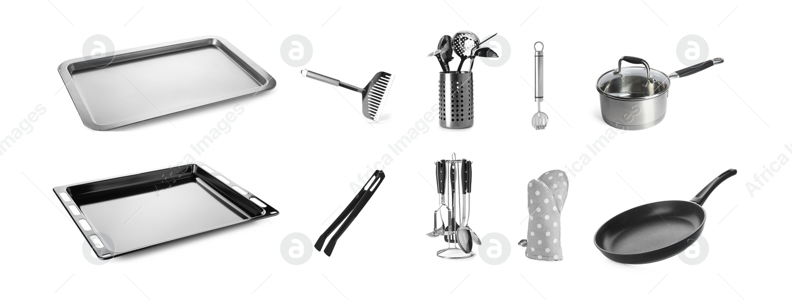 Image of Set with pan, cookware and kitchen utensils on white background. Banner design