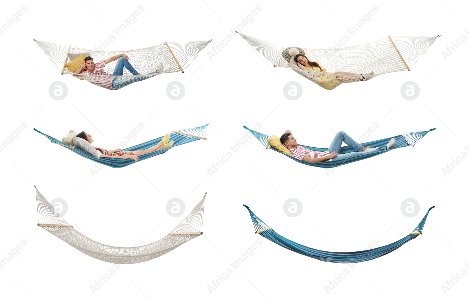 Image of Set with different hammocks on white background