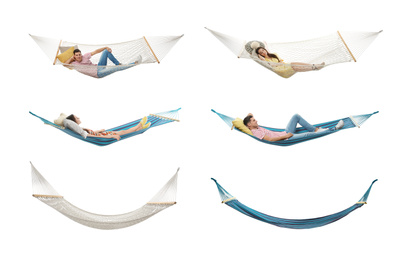 Set with different hammocks on white background