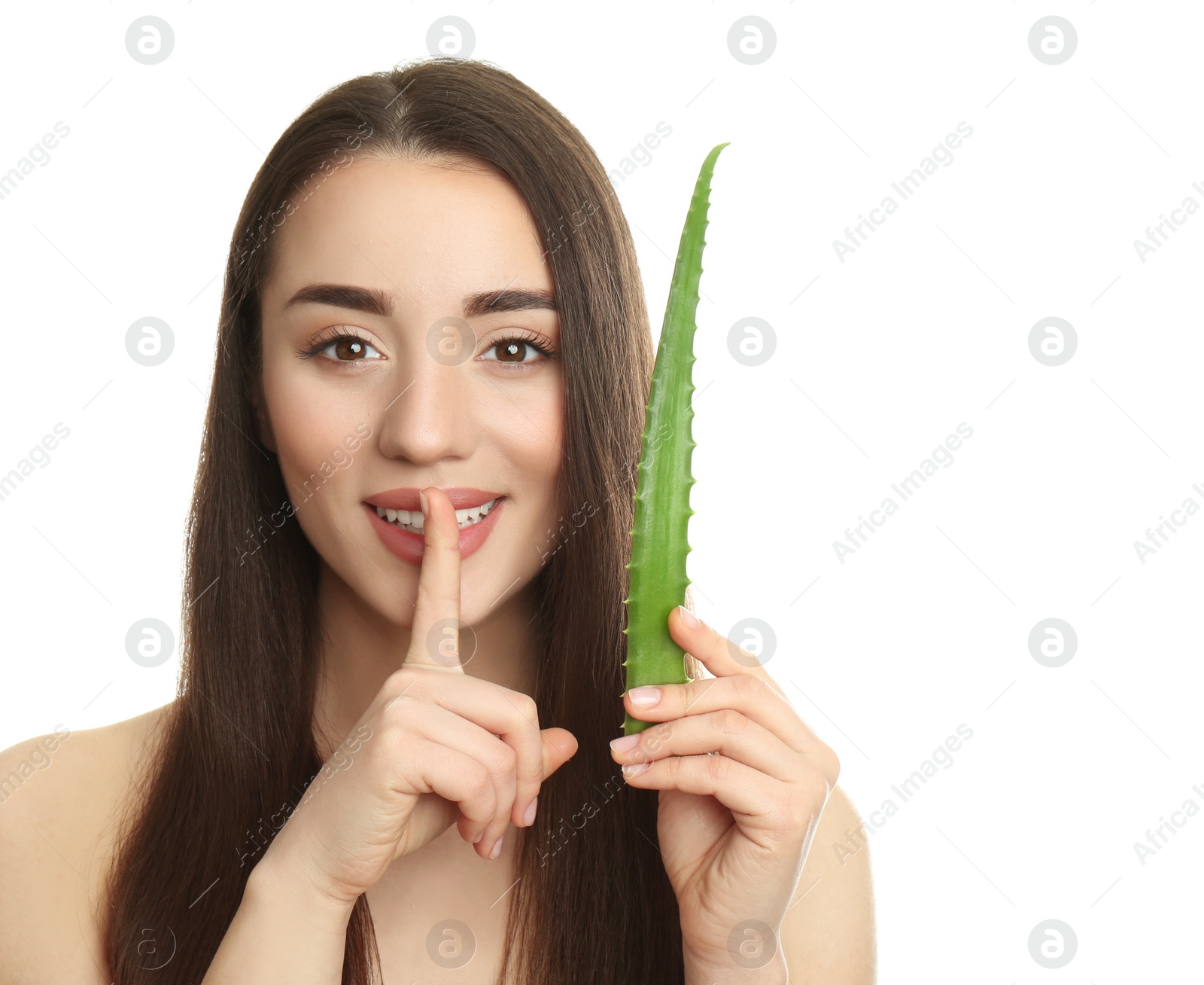 Photo of Young woman with aloe vera leaf on white background