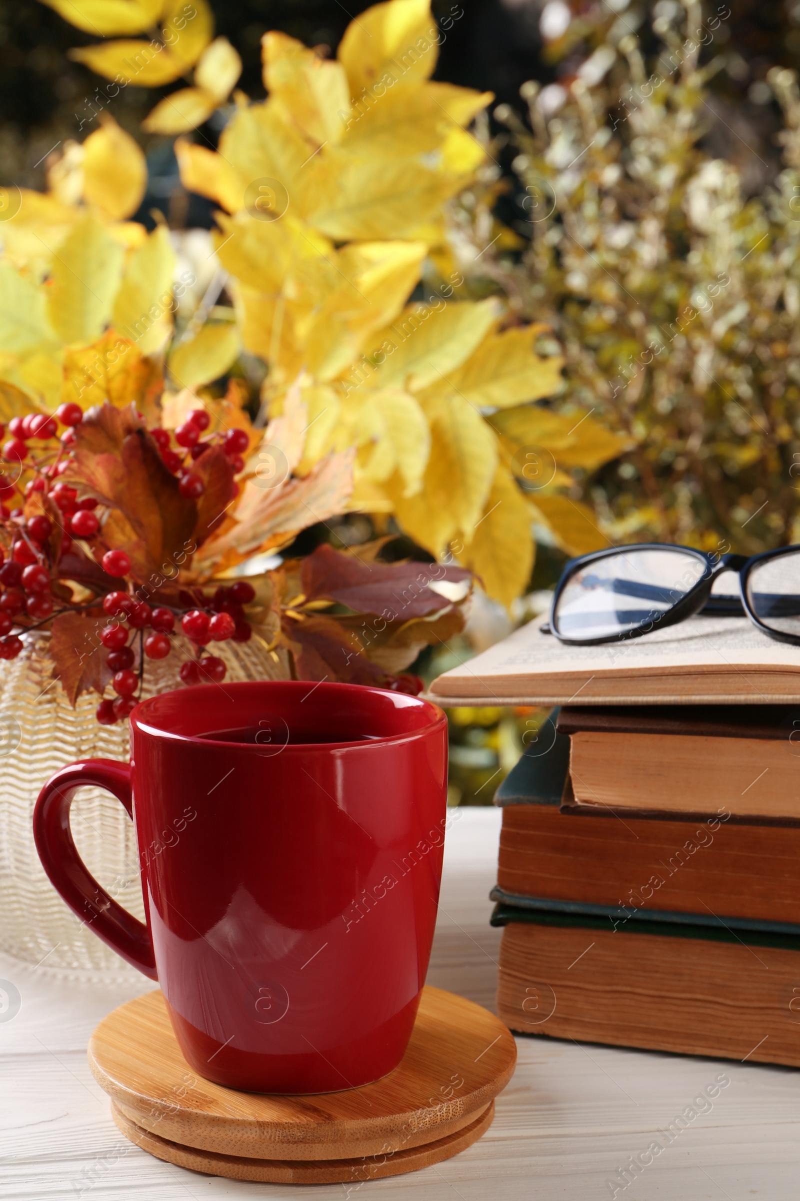 Photo of Cup with hot drink, stack of books and viburnum on white wooden windowsill indoors. Autumn atmosphere