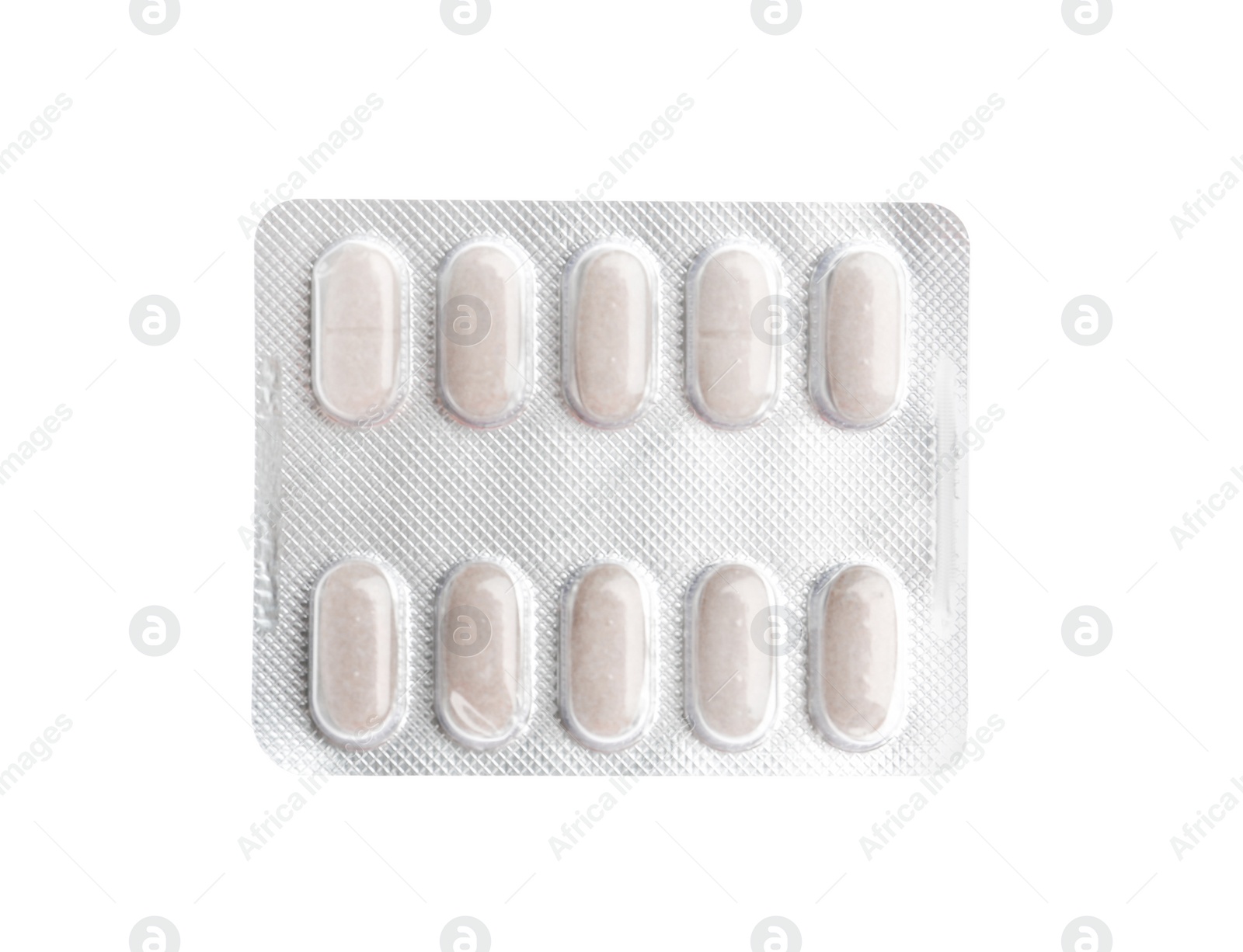 Photo of Pills in blister pack on white background, top view