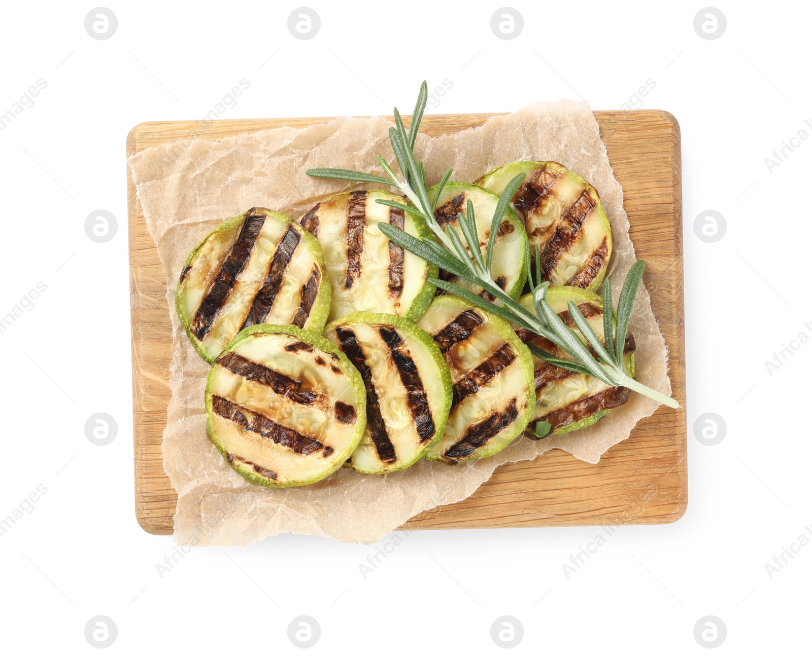 Photo of Delicious grilled zucchini slices with rosemary on white background, top view