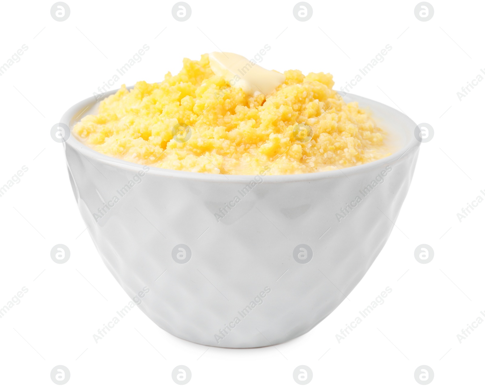 Photo of Tasty cornmeal with butter in bowl isolated on white