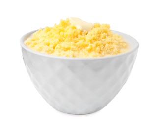 Photo of Tasty cornmeal with butter in bowl isolated on white