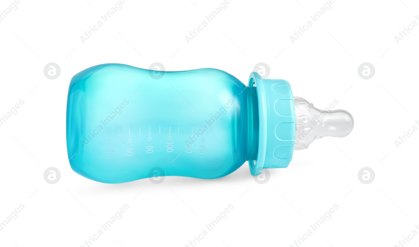Photo of Empty turquoise feeding bottle for infant formula isolated on white