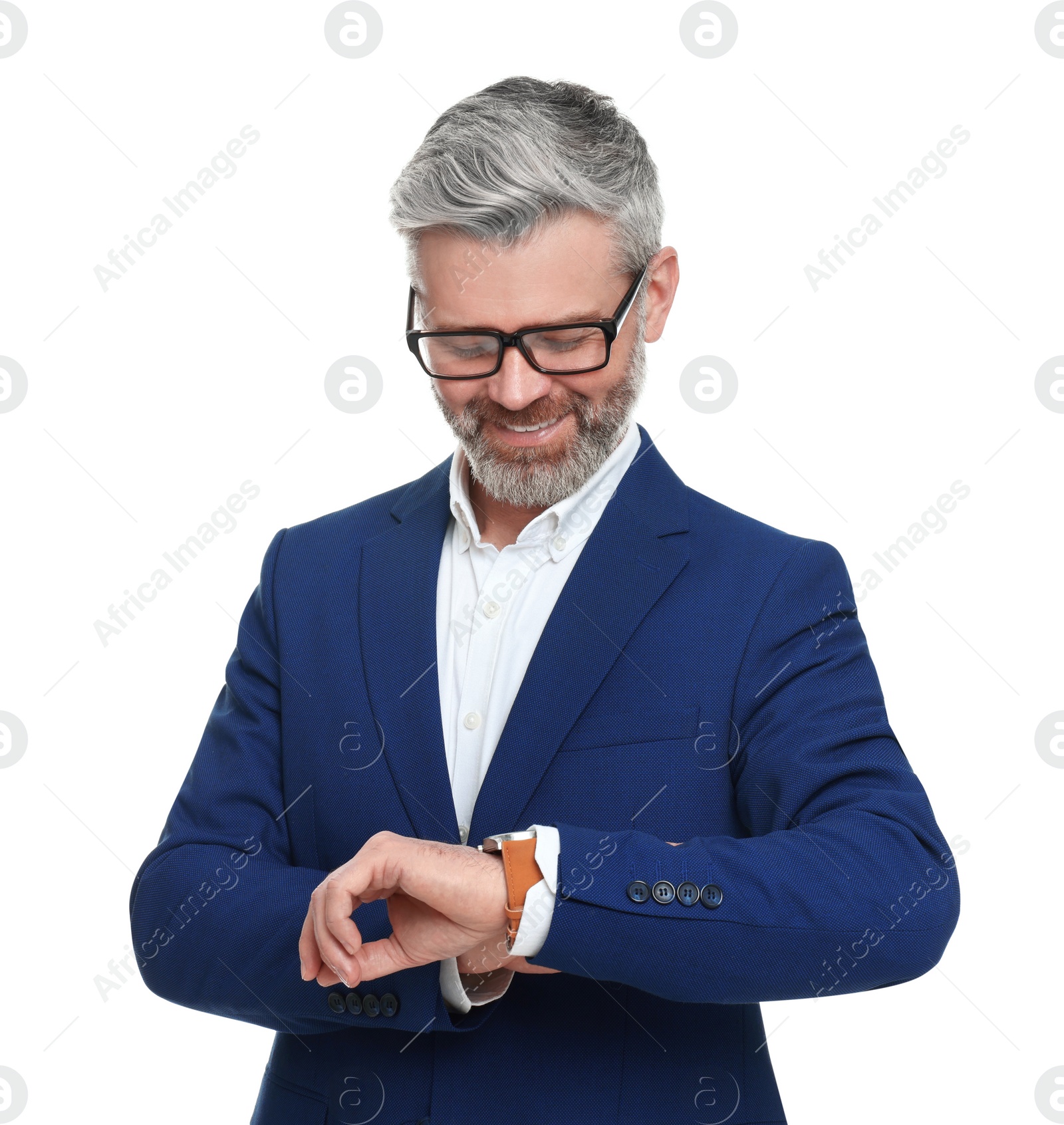 Photo of Mature businessman in stylish clothes checking time on white background