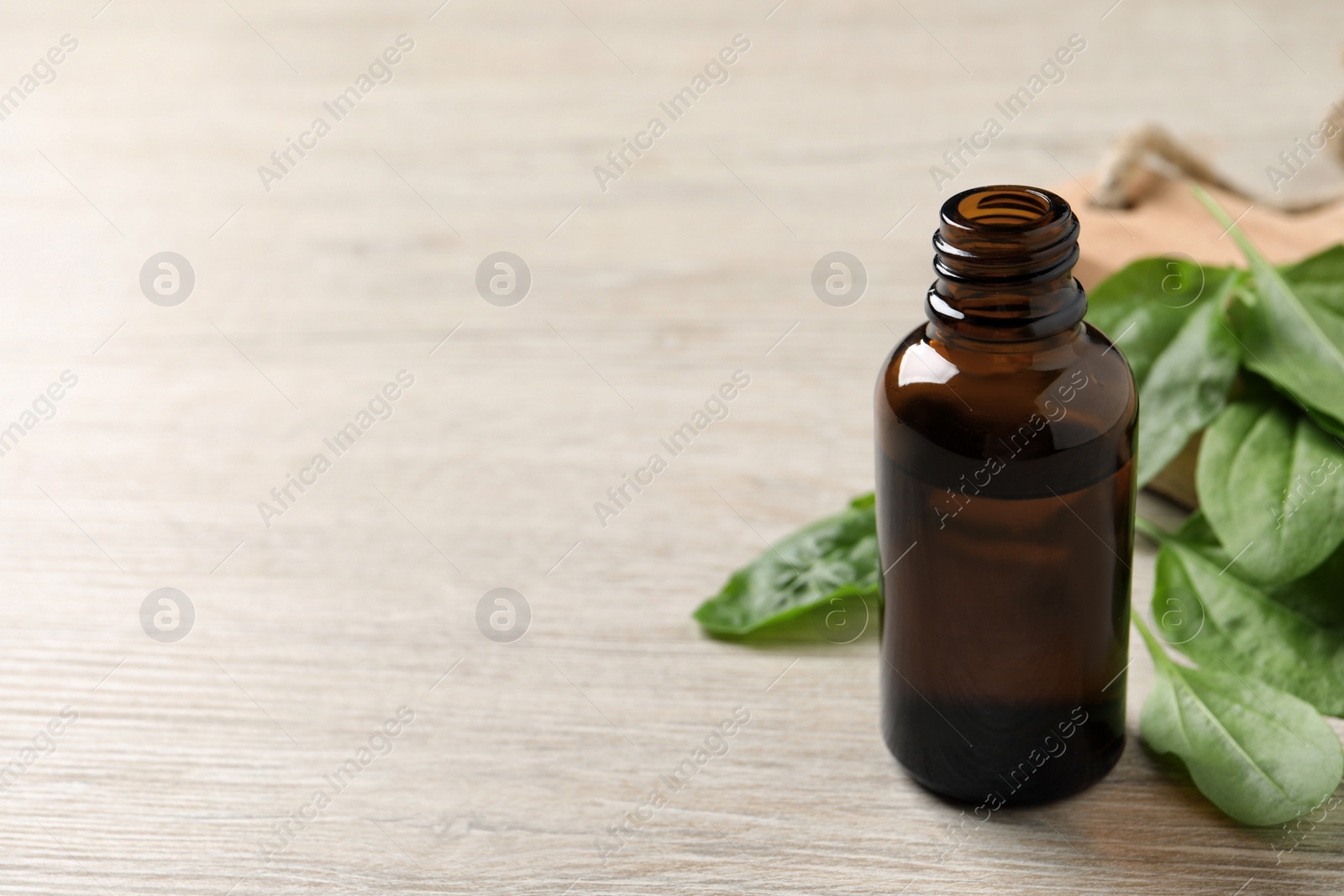 Photo of Essential oil of broadleaf plantain on light wooden table. Space for text