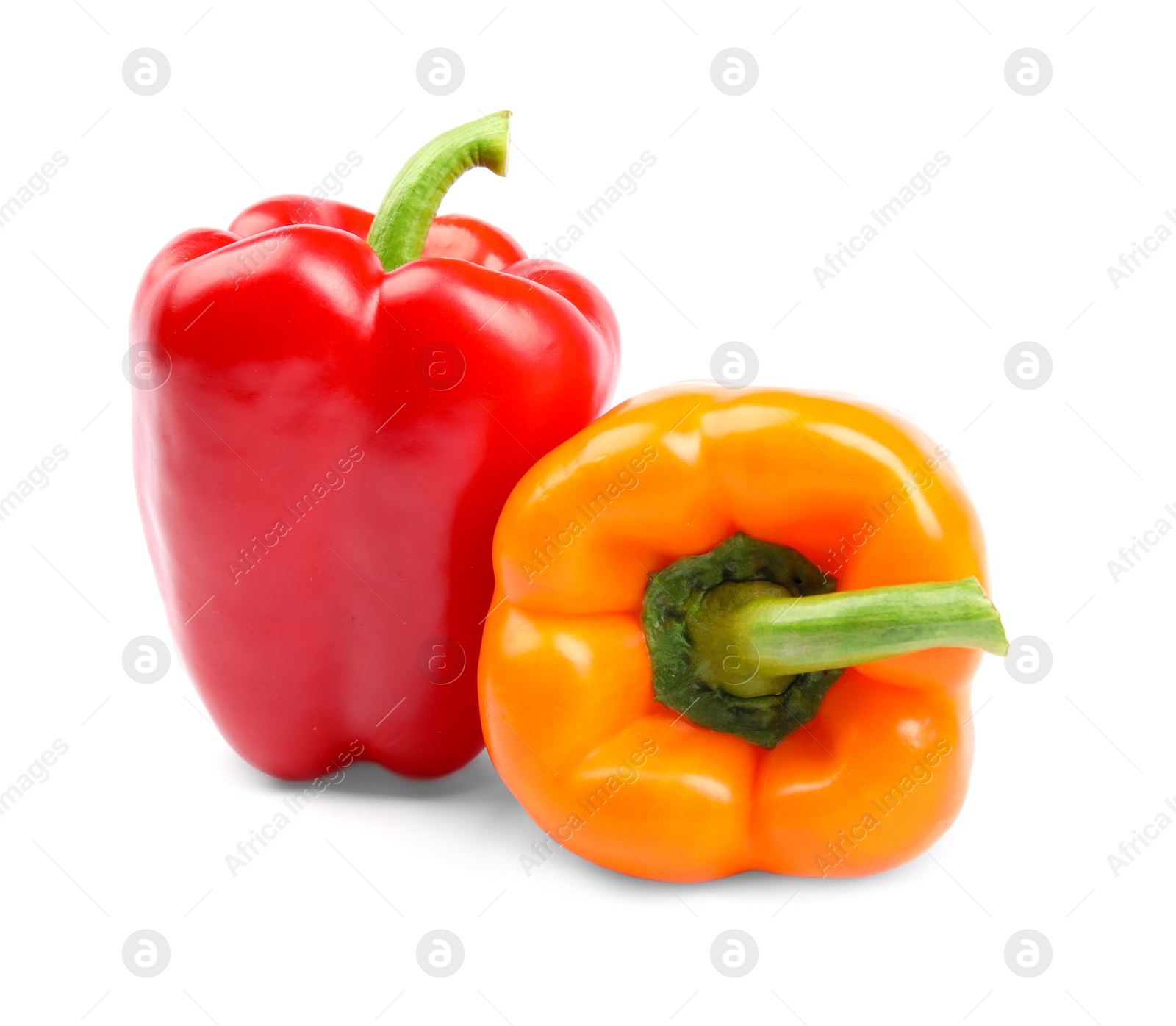 Photo of Fresh ripe bell peppers on white background