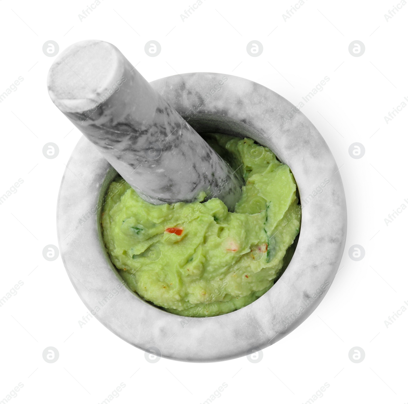 Photo of Mortar with delicious guacamole isolated on white, top view