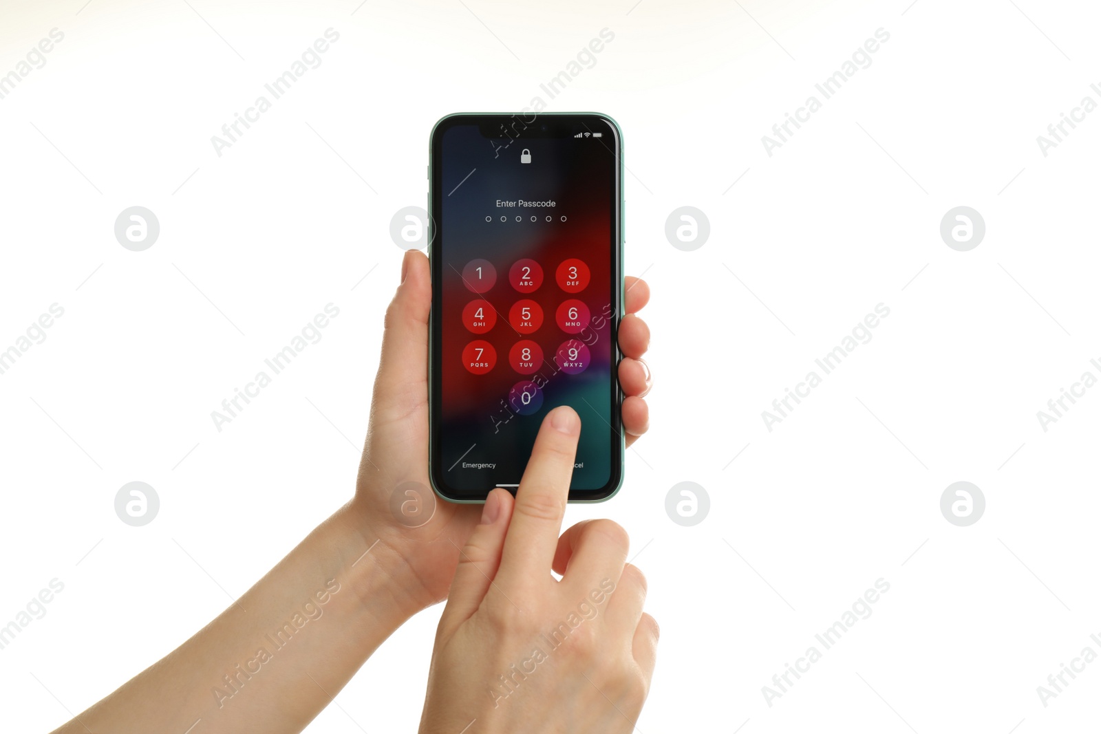 Photo of MYKOLAIV, UKRAINE - JULY 9, 2020: Woman holding  iPhone X with lock screen on white background, closeup