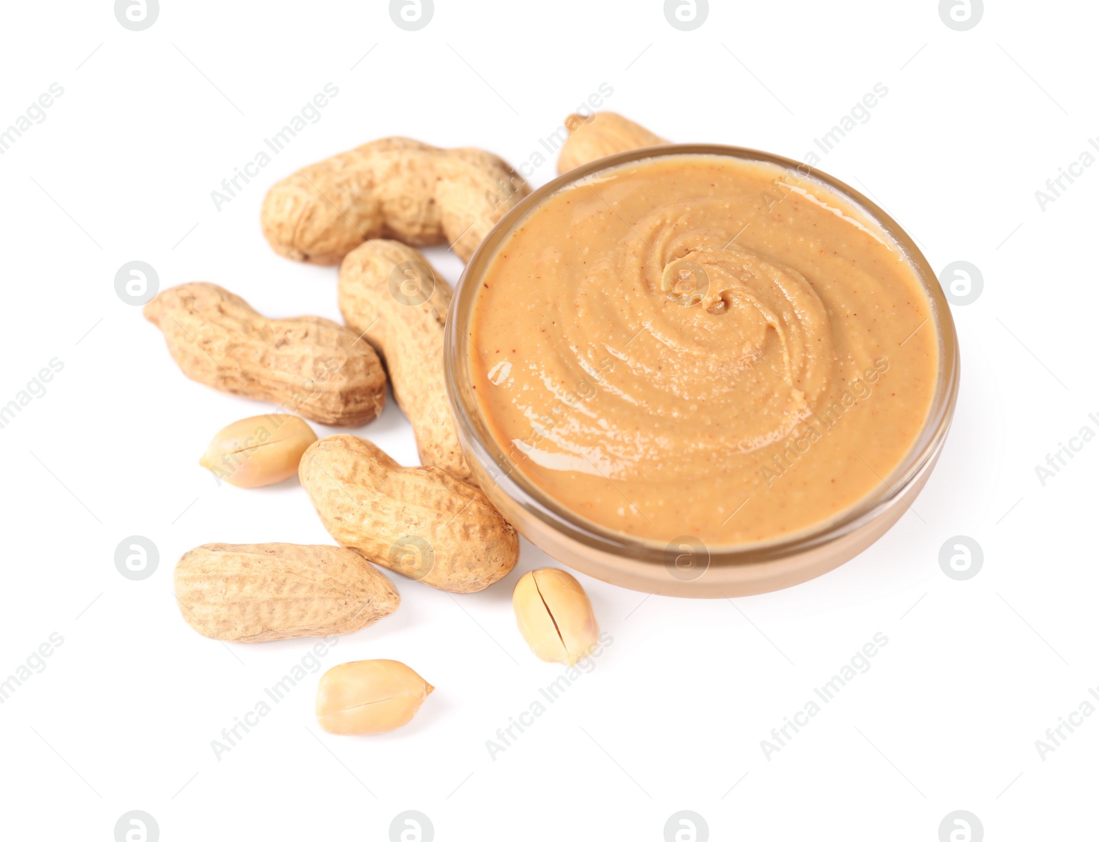 Photo of Delicious nut butter and peanuts isolated on white