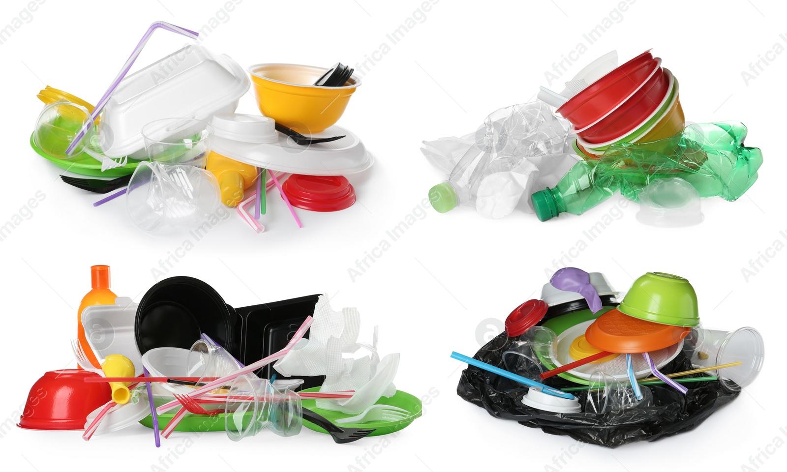 Image of Set with different plastic items on white background. Banner design