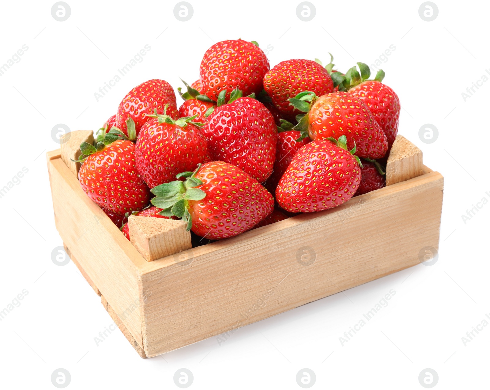 Photo of Fresh strawberries in wooden crate isolated on white