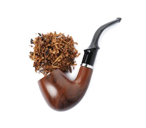 Pile of tobacco and smoking pipe on white background, top view