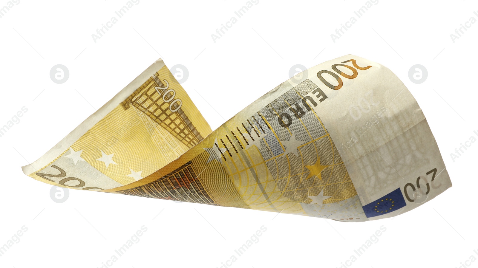 Photo of Flying two hundred Euro banknote isolated on white