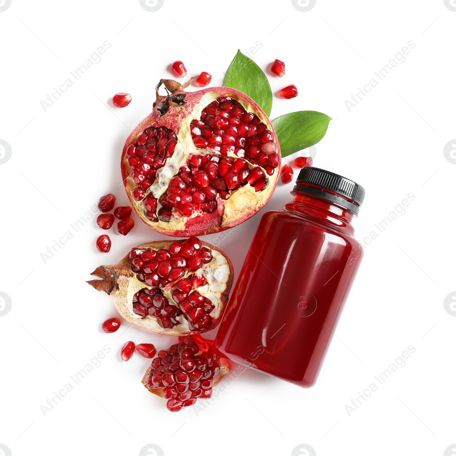 Photo of Bottle of pomegranate juice and fresh fruits on white background, top view