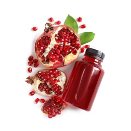 Photo of Bottle of pomegranate juice and fresh fruits on white background, top view