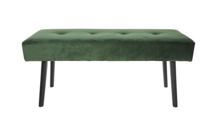 Photo of Stylish dark green velvet indoor bench isolated on white