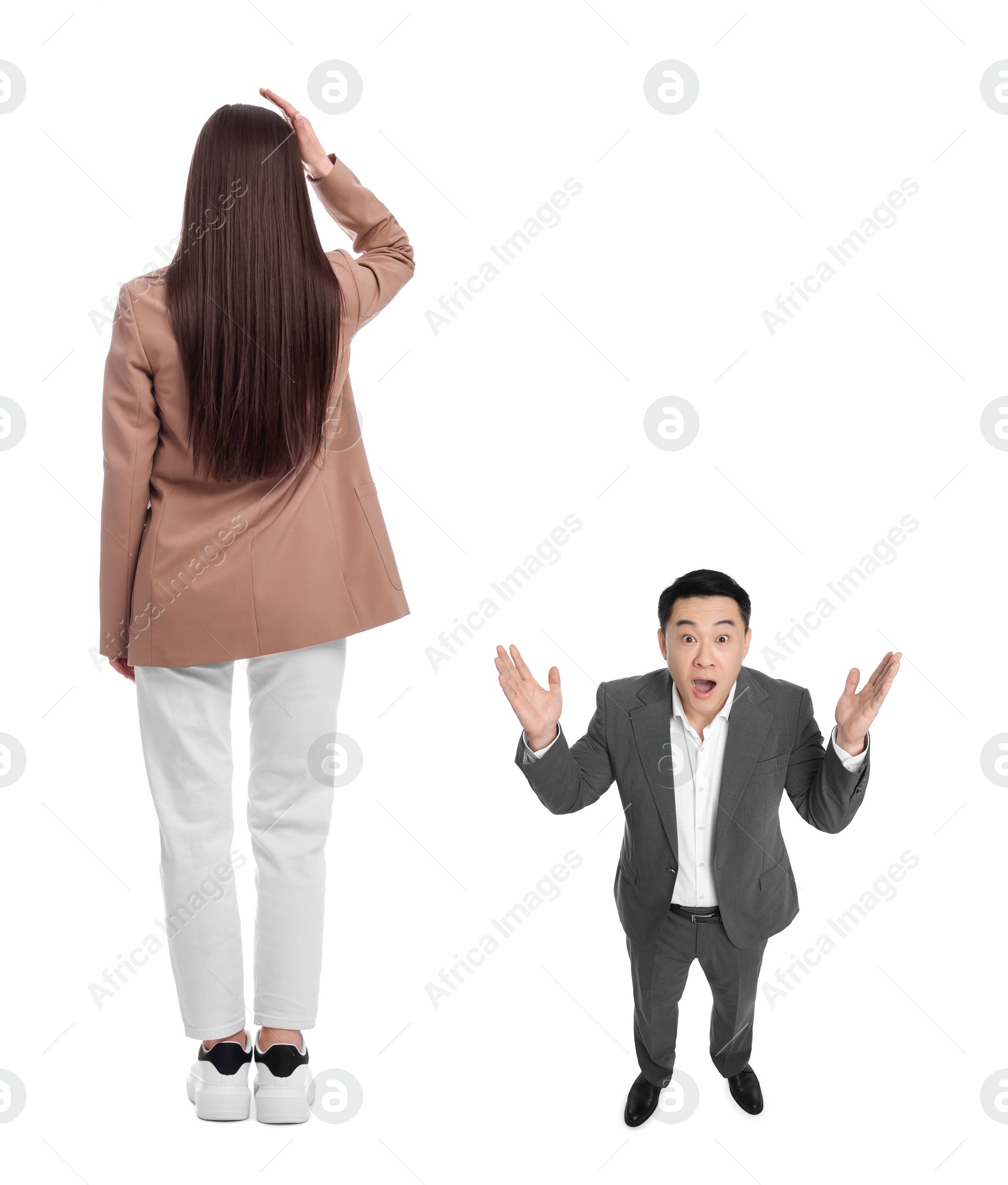 Image of Giant woman and shocked small man on white background