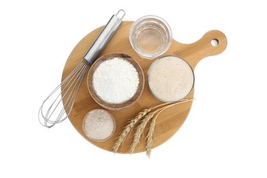 Photo of Leaven, flour, water, whisk and ears of wheat isolated on white, top view