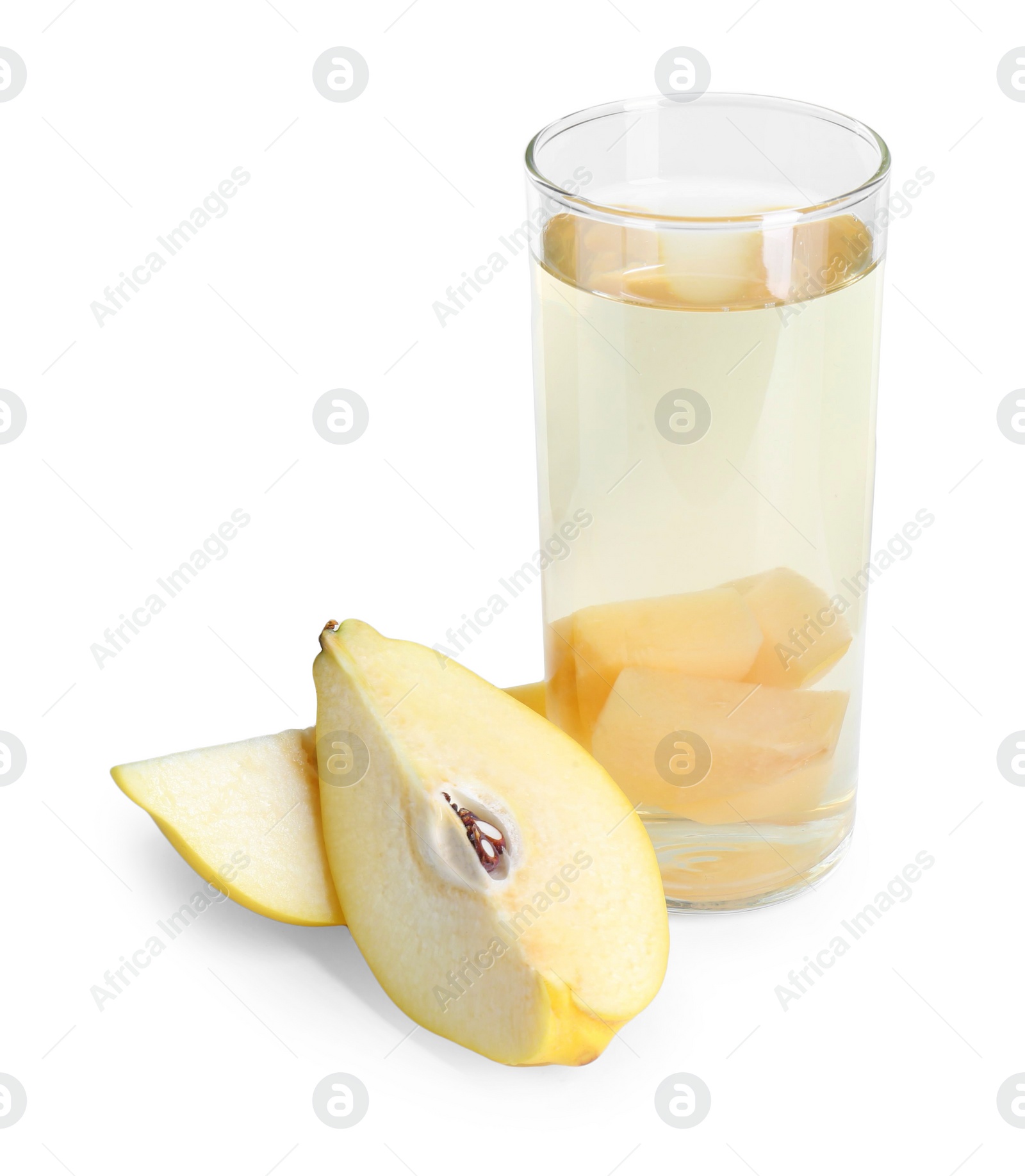 Photo of Delicious quince drink in glass and fresh fruit isolated on white