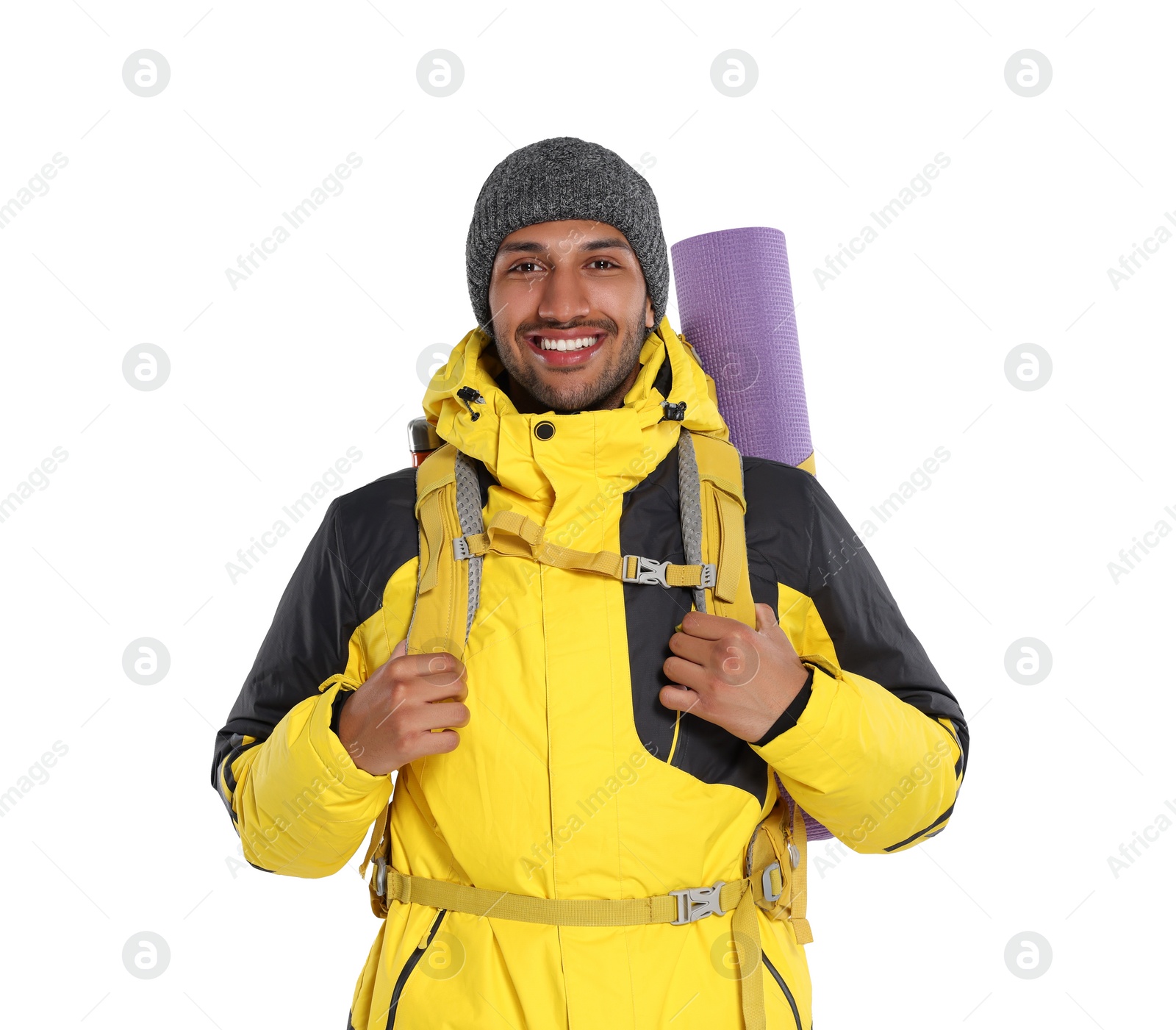 Photo of Happy tourist with backpack on white background