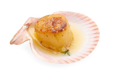 Photo of Delicious fried scallop in shell isolated on white