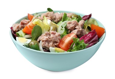 Photo of Bowl of delicious salad with canned tuna and vegetables on white background