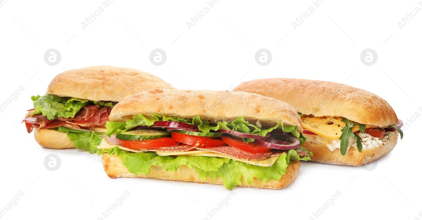 Photo of Delicious sandwiches with fresh vegetables isolated on white
