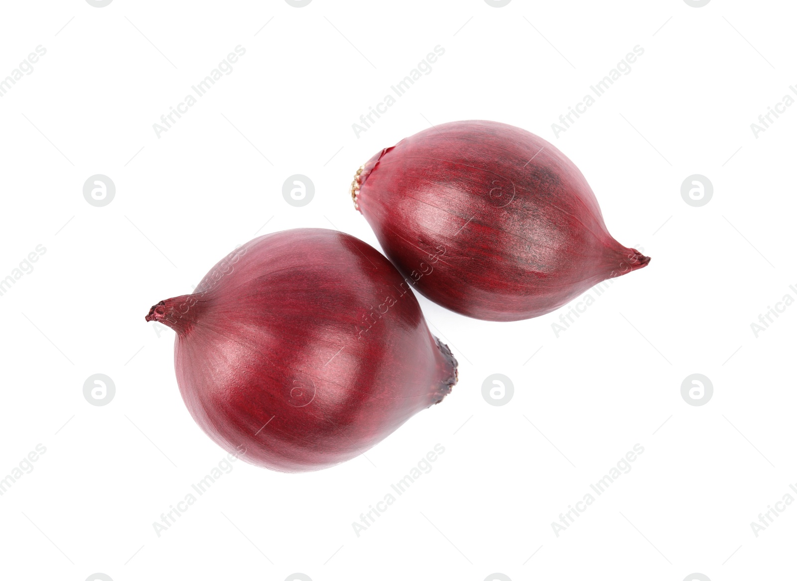 Photo of Fresh whole red onions on white background, top view