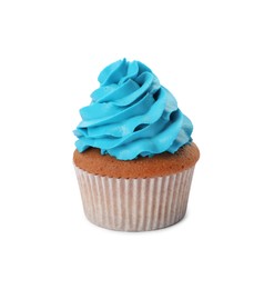 Photo of Delicious cupcake with light blue cream isolated on white