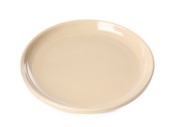 Photo of Clean empty beige plate isolated on white