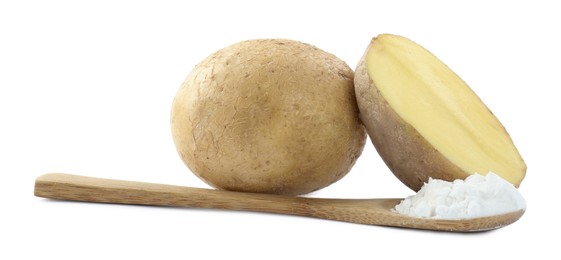 Wooden spoon of starch and fresh raw potatoes on white background