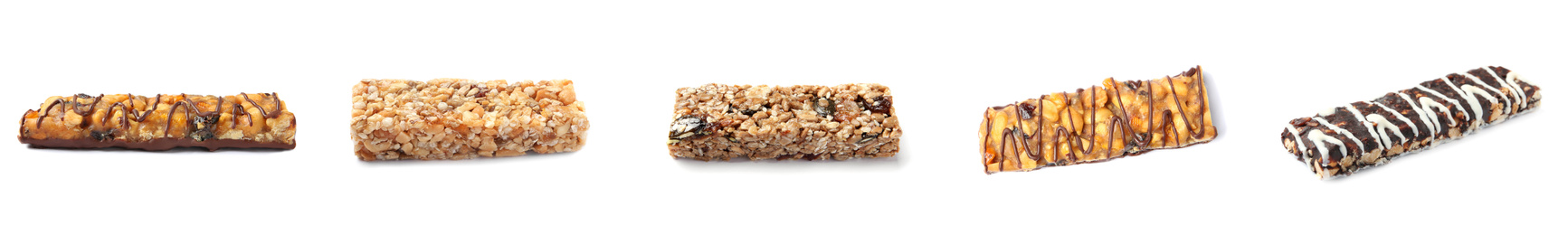 Image of Set with different grain cereal bars on white background. Banner design