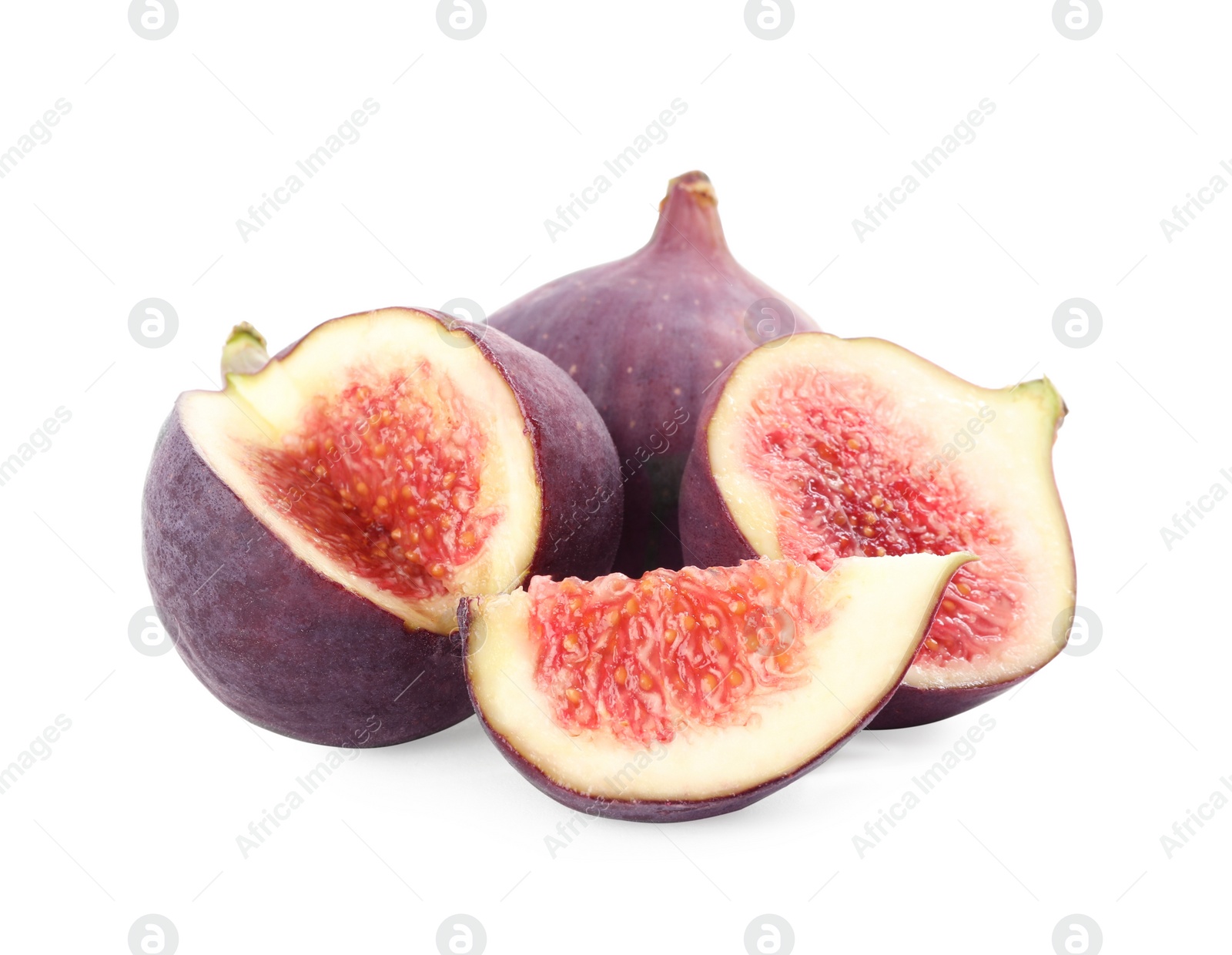 Photo of Whole and cut tasty fresh figs isolated on white