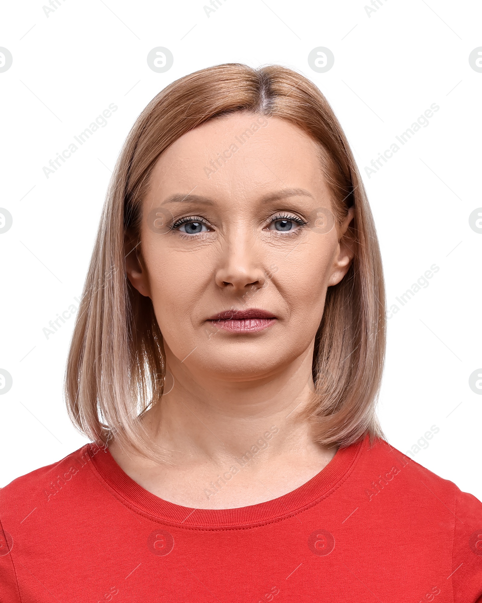 Image of Passport photo. Portrait of mature woman on white background