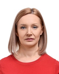 Passport photo. Portrait of mature woman on white background