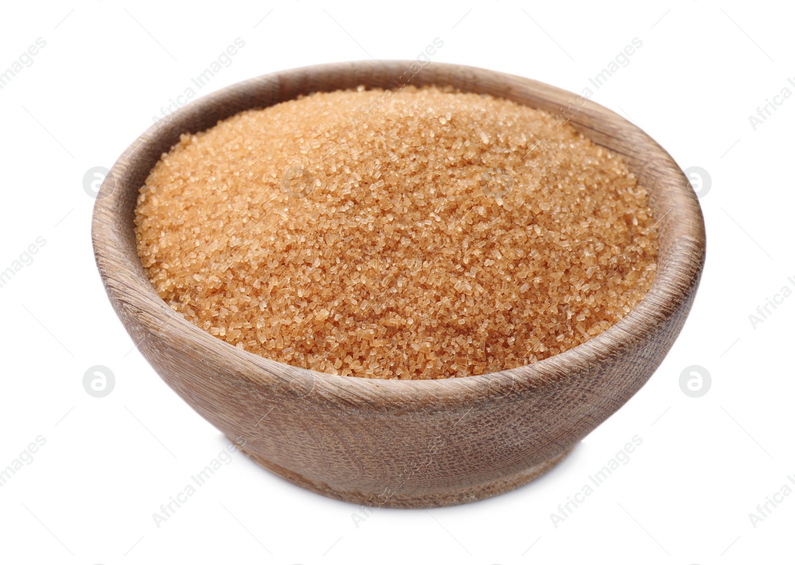 Photo of Brown sugar in wooden bowl isolated on white