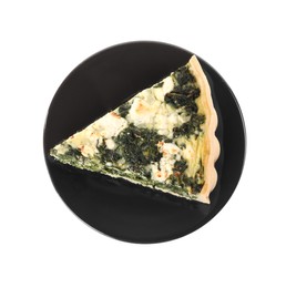 Piece of delicious quiche isolated on white, top view