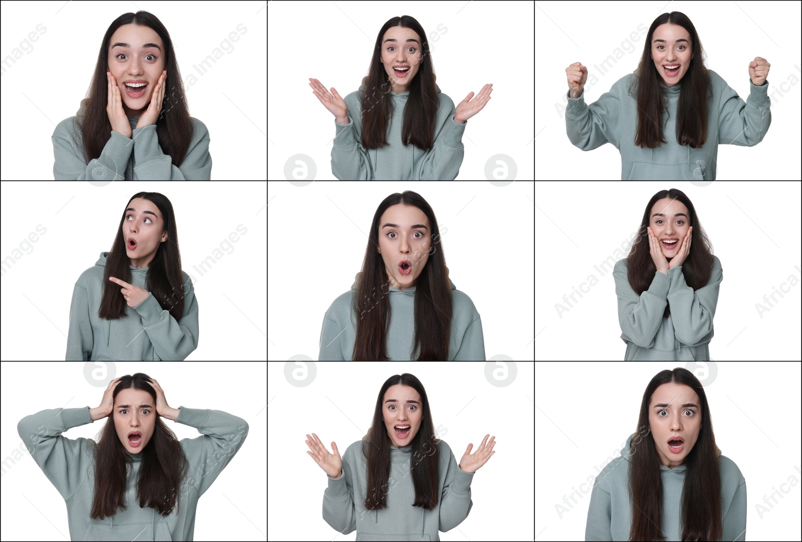 Image of Surprised woman on white background, collage of photos