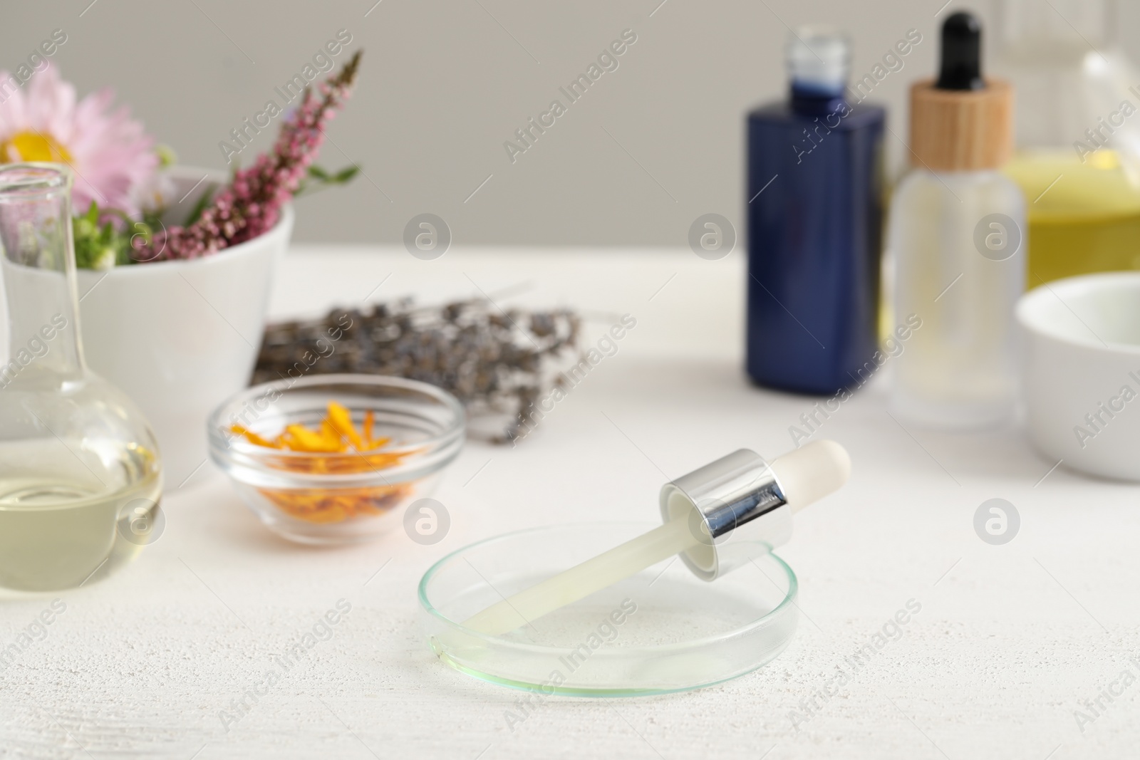Photo of Developing cosmetic oil. Petri dish with dropper on white table in laboratory