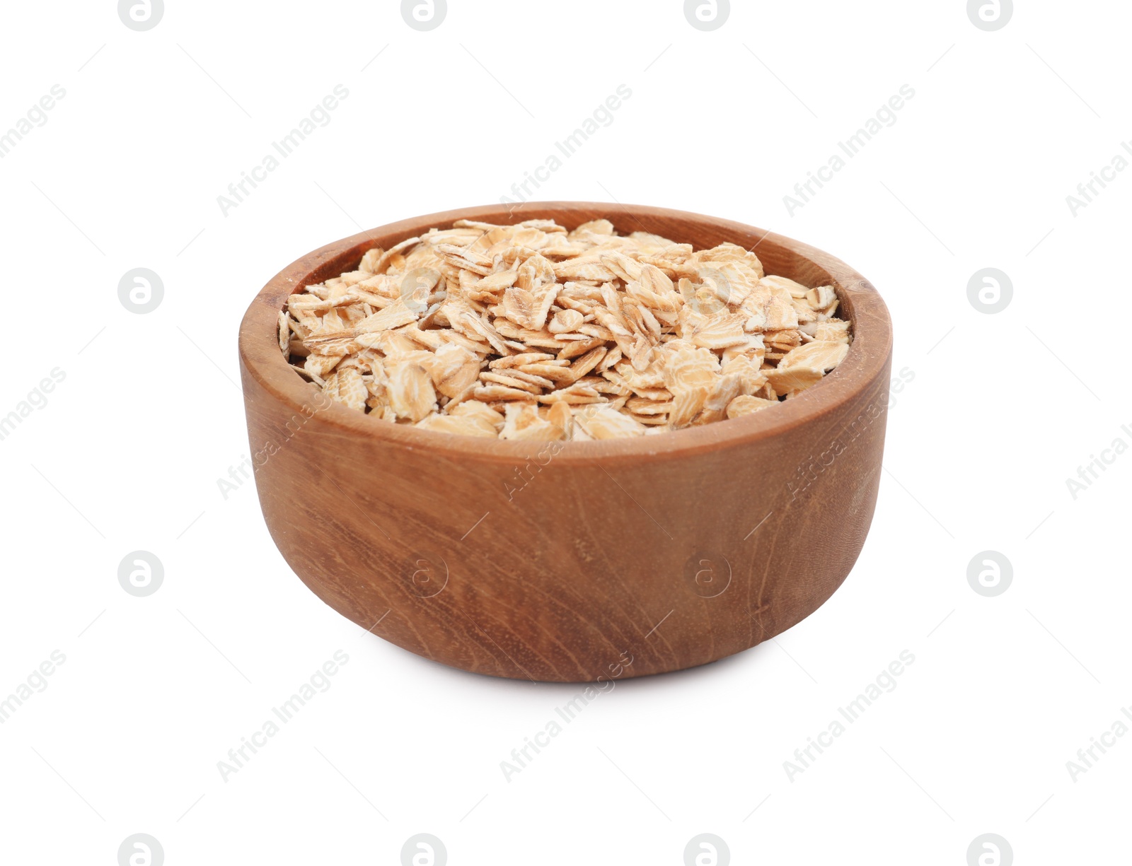 Photo of Wooden bowl of oatmeal isolated on white