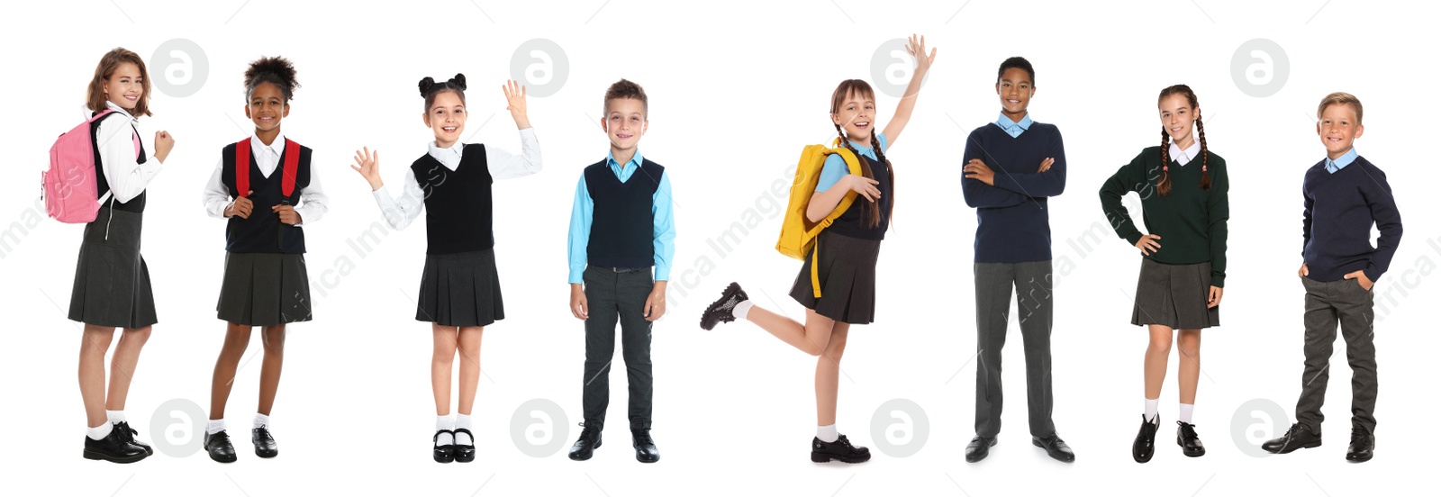 Image of Children in school uniforms on white background. Banner design