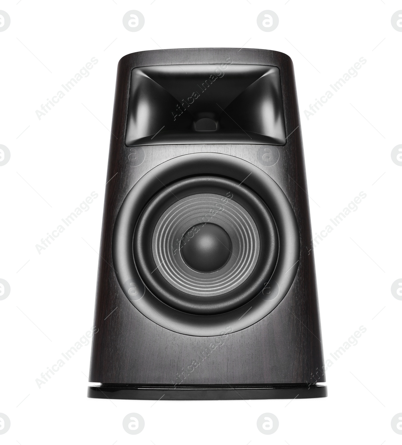 Photo of One wooden sound speaker on white background