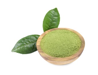 Leaves and bowl of matcha powder isolated on white