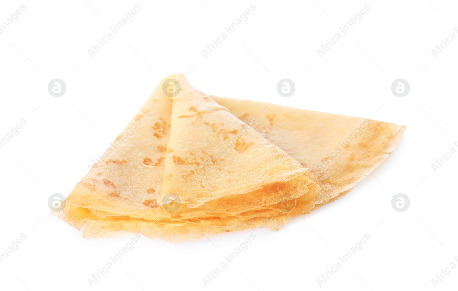 Photo of Tasty thin folded pancake on white background