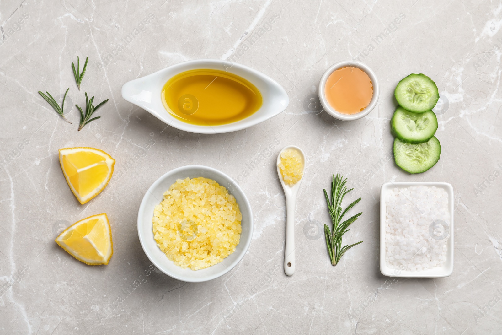 Photo of Fresh ingredients for homemade effective acne remedy on light background