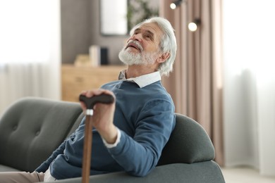 Portrait of happy grandpa with walking cane sitting on sofa indoors