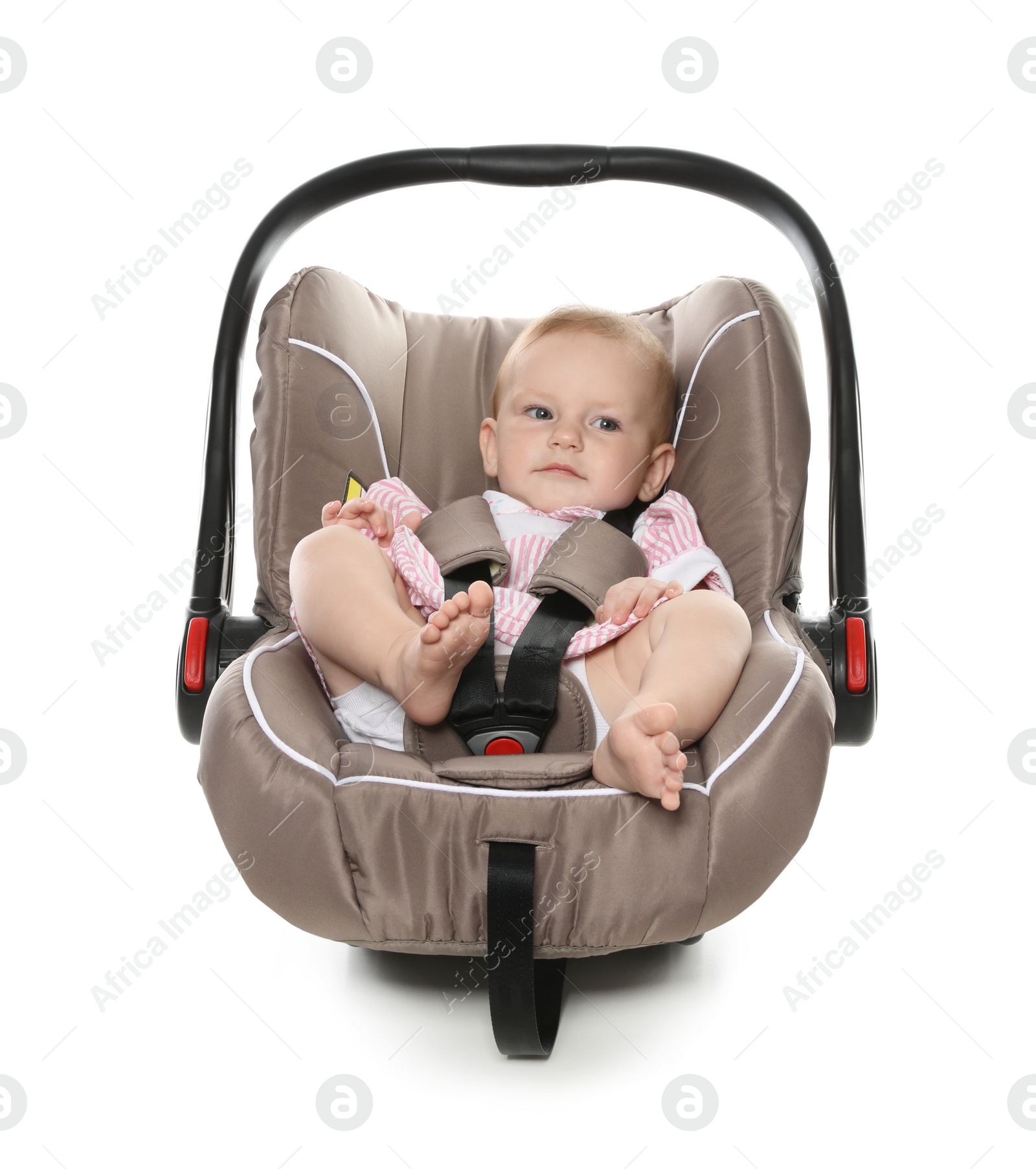 Photo of Adorable baby in child safety seat on white background